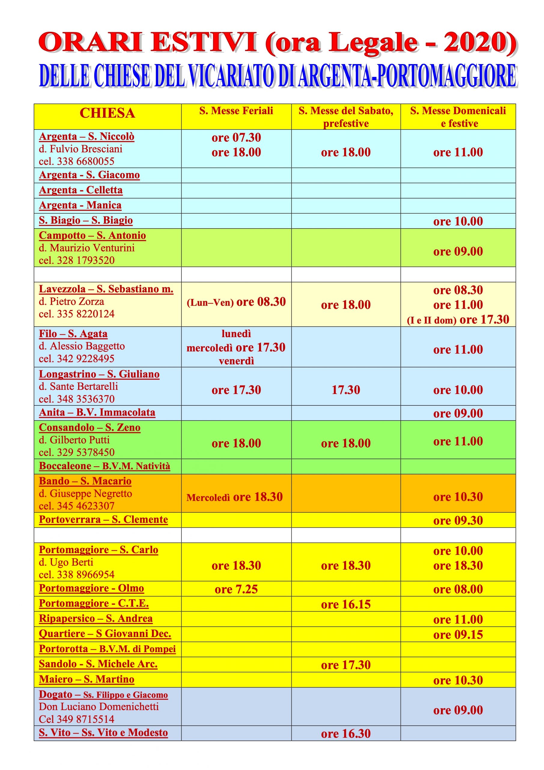 Orari SS. Messe Vicariato di ArgentaPortomaggiore Arcidiocesi di