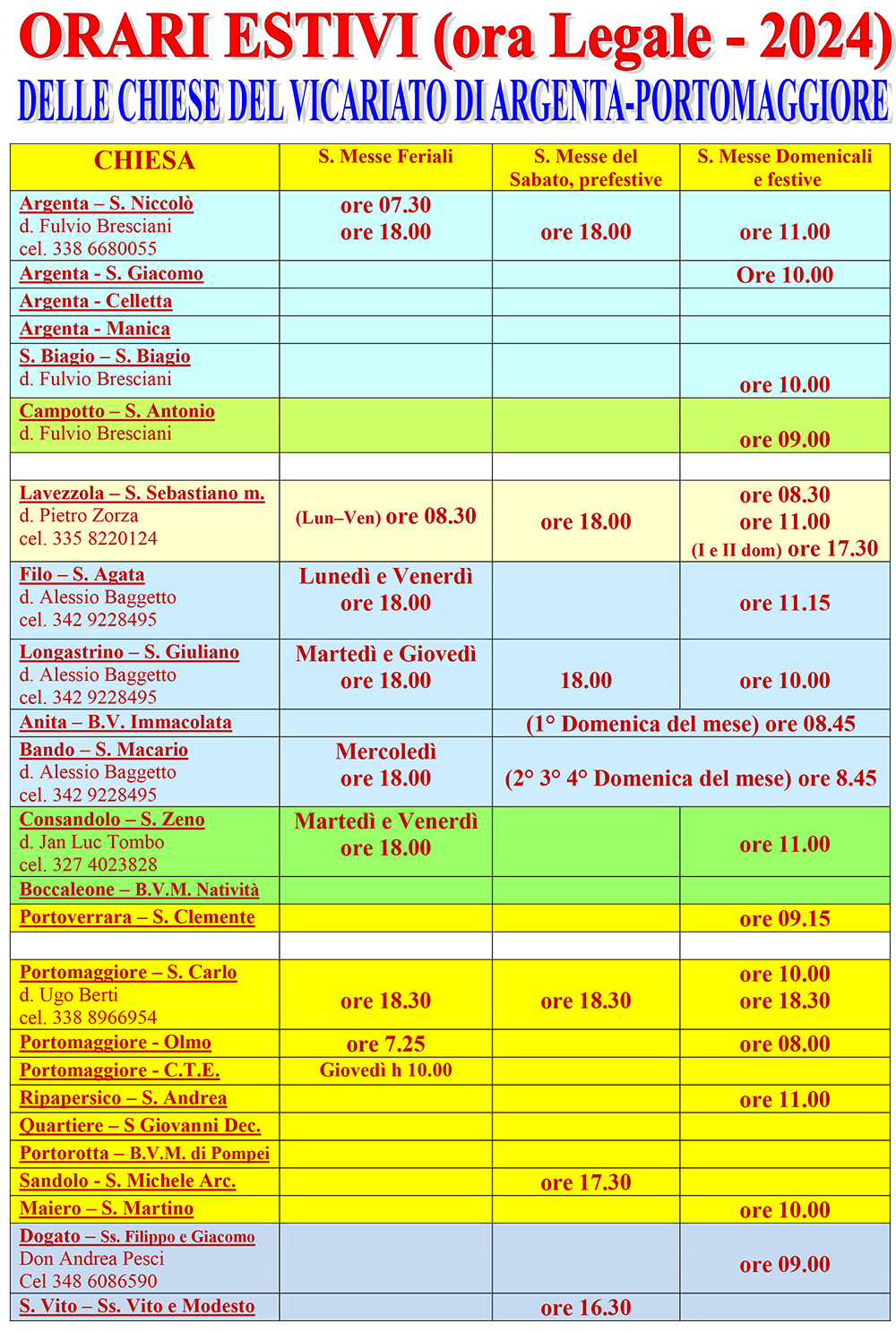 Orari SS. Messe Vicariato di ArgentaPortomaggiore Arcidiocesi di